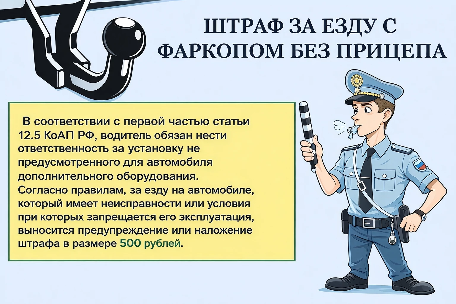 Какие санкции предусмотрены за использование автомобильного фаркопа без прицепа в 2023 году?